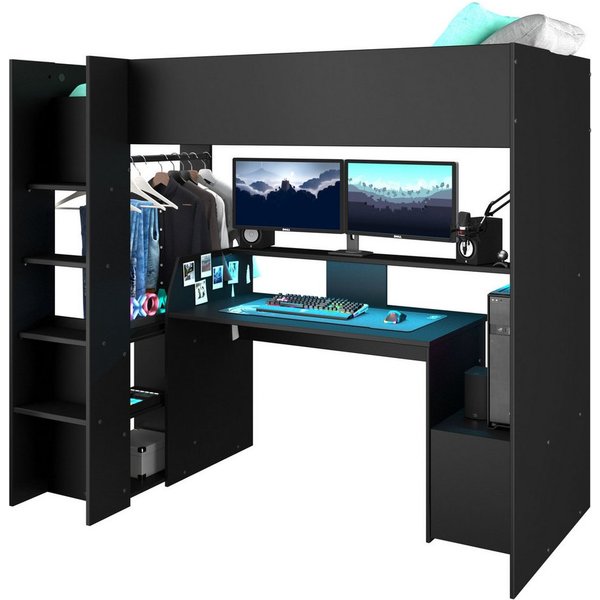 Parisot Hochbett Meddox mit LED & integriertem Gaming‑Arbeitsplatz (Gesamtaußenmaße B/T/H 203,7/94,4/180 cm) Stauraum, Schreibtisch & sicherer Rausfallschutz