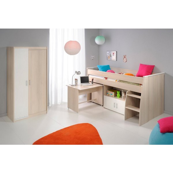 Parisot Jugendzimmer-Set Charly, (Set, 3-tlg., Kleiderschrank und ein halbhohes Bett (inkl. Schreibtisch) und Kommode), Bett mit herausziehbarem Schreibtisch au