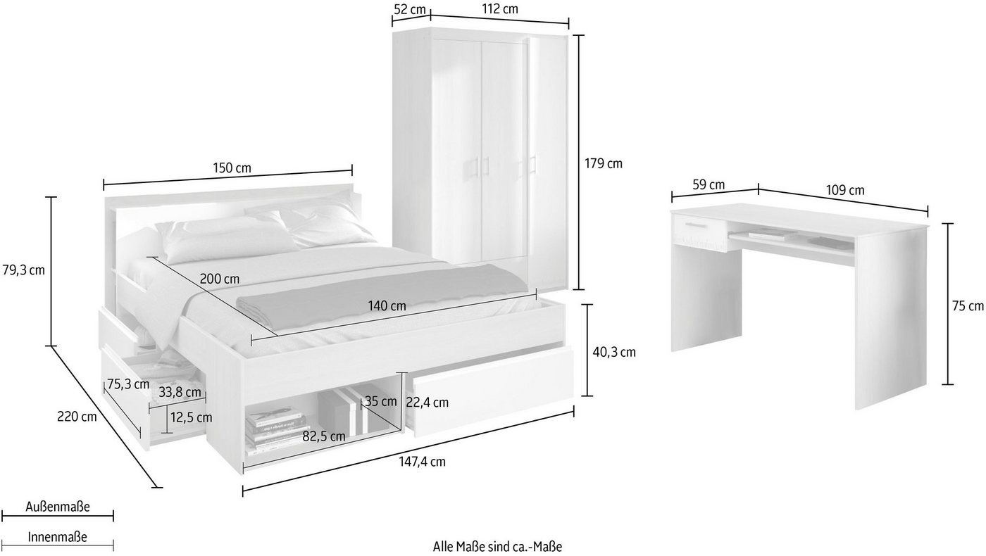 Parisot Jugendzimmer-Set Most, (Set, 3-tlg., Bett mit Schubkästen, Kleiderschrank und Schreibtisch) – Bild 3 von 4