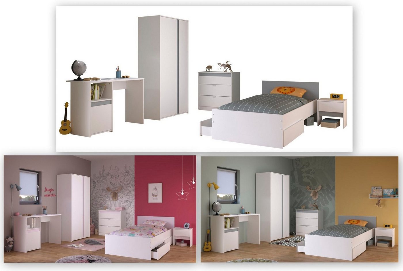 Parisot Jugendzimmer-Set Pirouette, farbige Einsätze drehbar- Rosa oder Grau, (Set, 6-tlg., Schreibtisch, Bett, Schubkasten, Kleiderschrank, Kommode, Nachttisch – Bild 4 von 5