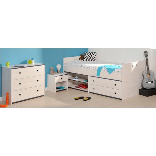 Parisot Jugendzimmer-Set Smoozy, (Set, 3-tlg., Stauraumbett, Nachttisch und Schubkastenkommode)