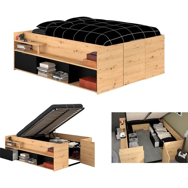 Parisot Stauraumbett Travel, maximaler Stauraum, wie ein begehbarer Kleiderschrank, Ablageflächen, hydraulischer Bettkasten mit Regalen, Schublade, Tür