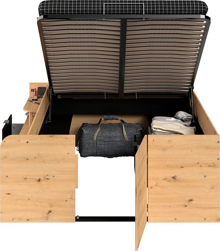 Parisot Stauraumbett Travel, maximaler Stauraum, wie ein begehbarer Kleiderschrank, Ablageflächen, hydraulischer Bettkasten mit Regalen, Schublade, Tür – Bild 4 von 5