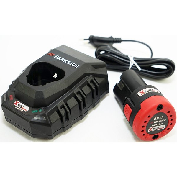 Parkside 12V Akku PAPK 12 A4, 2Ah und Ladegerät PLGK 12 A3, 2,4A, X12 Serie Akku-Set PAPK 12 A4 / PLGK 12 A3 (12 V), Cell Balancing – längere Akku-Laufzeit, erh