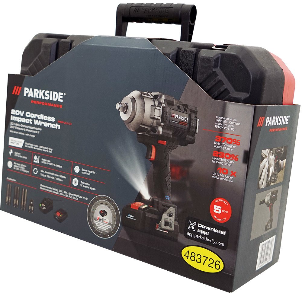 PARKSIDE PERFORMANCE® Akku-Drehschlagschrauber 20V Akku Schlagschrauber PASSP 20-Li C4 inkl. 4Ah Smart Akku, 1550 U/min, 1356 Nm, Integrierte LED-Arbeitsleuchte – Bild 5 von 5