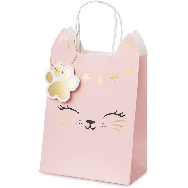 partydeco Aufbewahrungstasche, Geschenktüte Katze mit Henkel 18x10x27cm Hellrosa / Gold