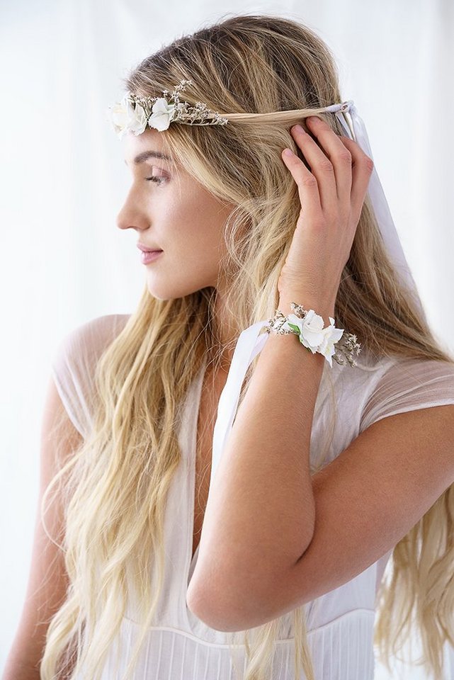 partydeco Diadem, Blumenkranz für die Haare mit Kunstblumen Durchmesser 18cm weiß – Bild 3 von 5