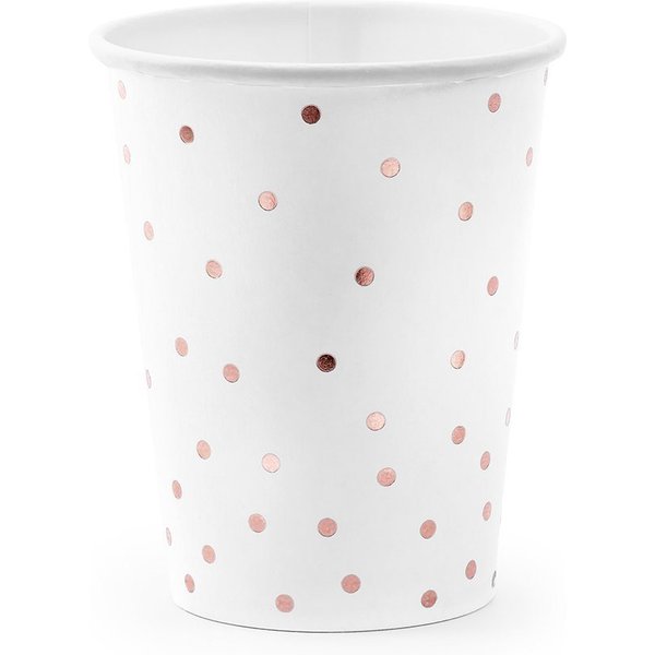 partydeco Einwegbecher, Papier, Pappbecher Punkte 260ml weiß roségold 6er Set