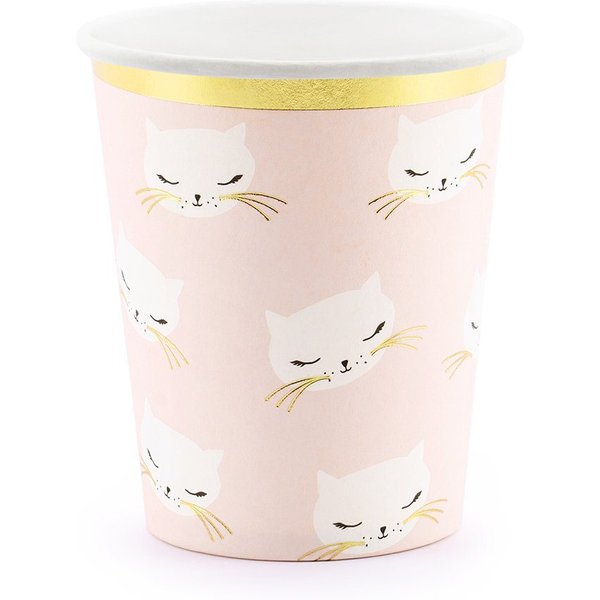 partydeco Einwegbecher, Papier, Pappbecher Katzen 200ml rosa weiß gold 6er Set