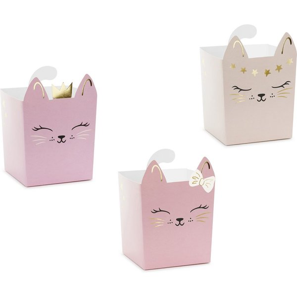 partydeco Einweggeschirr-Set, Papier, Snackbox Kinder 14x10cm Katzen Motiv 3er Set Hellrosa / Rosa