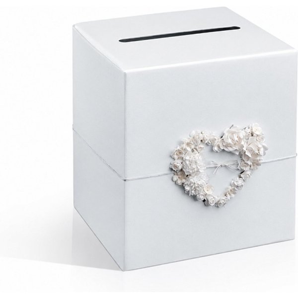 partydeco Geschenkbox, Briefbox für Karten 24x24cm aus Karton mit Rosenherz Weiß