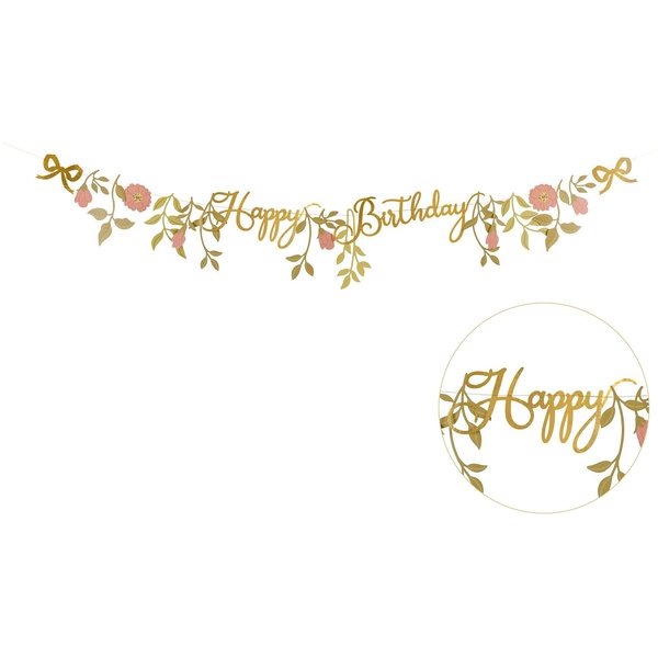 partydeco Girlande, Happy Birthday Girlande 130x18cm Blumen Banner Gold / Rosa