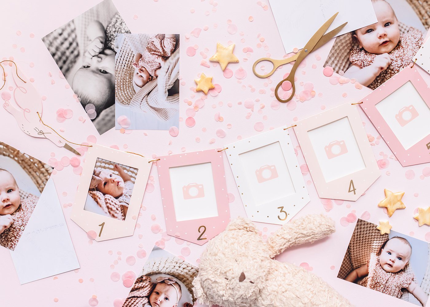 partydeco Girlande, Fotogirlande Banner aus Papier Storch 15x300cm rosa gold – Bild 3 von 5