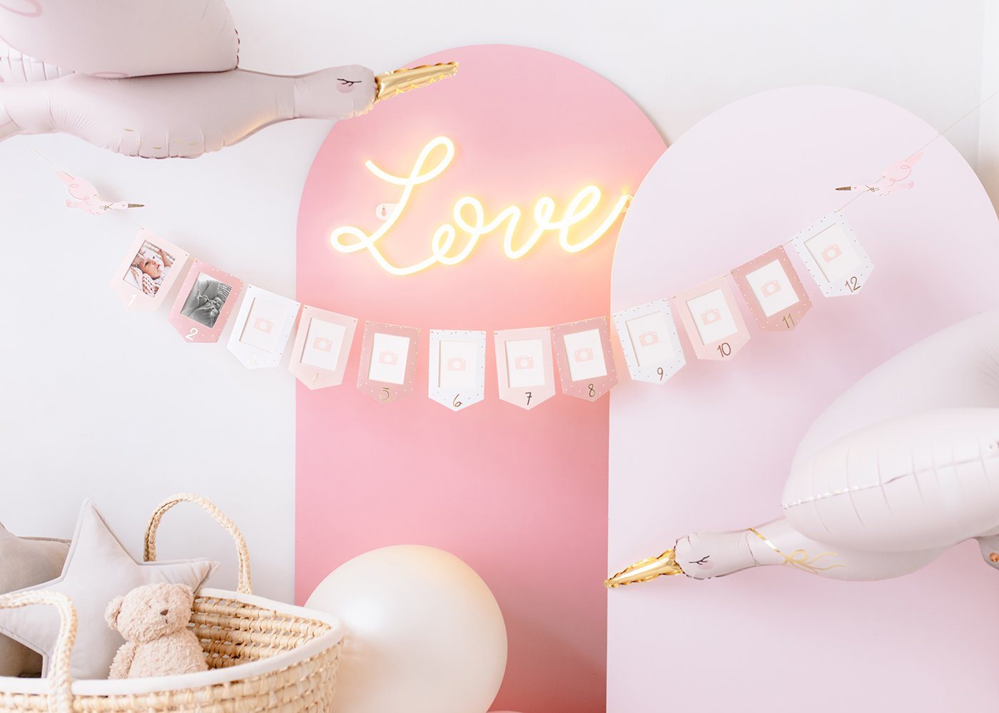 partydeco Girlande, Fotogirlande Banner aus Papier Storch 15x300cm rosa gold – Bild 4 von 5