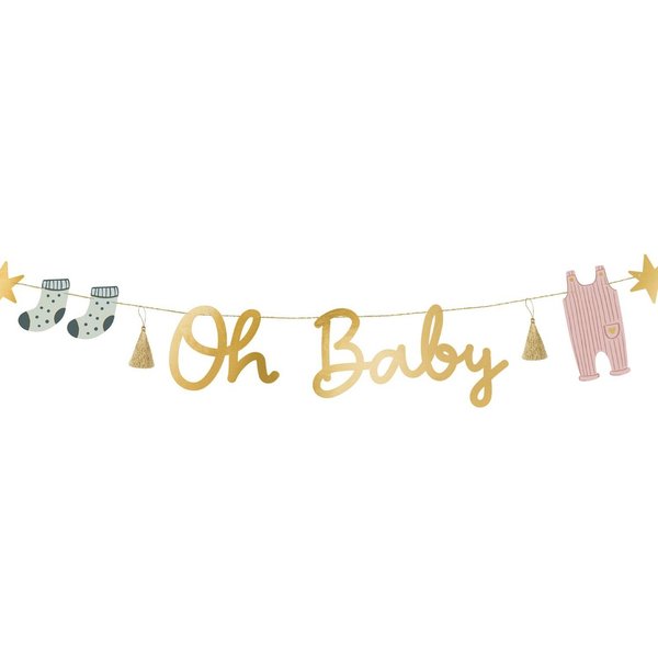 partydeco Girlande, Oh Baby Girlande Banner aus Papier mit Quasten 2,5m gold Farbmix