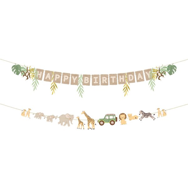 partydeco Girlande, Happy Birthday Girlande 180cm Safari Tiere Banner 2er Set Beige