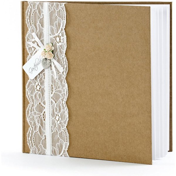 partydeco Notizbuch, Gästebuch 20x20cm mit Spitze / Rosen / Herz 44 blanko Seiten braun