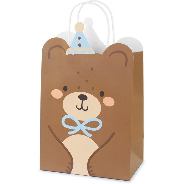 partydeco Papierdekoration, Geschenktüte Bär mit Henkel 18x10x29cm Braun / Blau