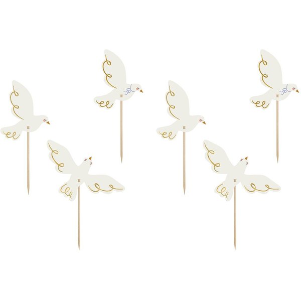 partydeco Papierdekoration, Cake Topper Tauben 14,5cm weiß gold 6er Set