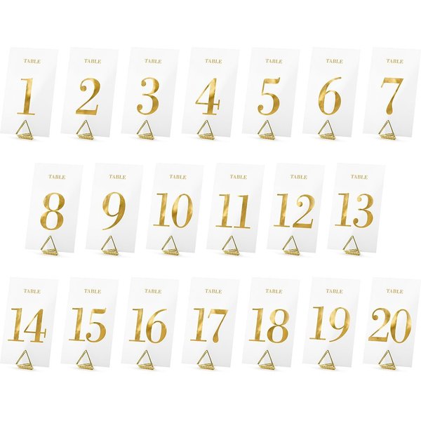 partydeco Papierdekoration, Tischnummern 1-20 Hochzeit 7x12cm transparent gold 20er Set