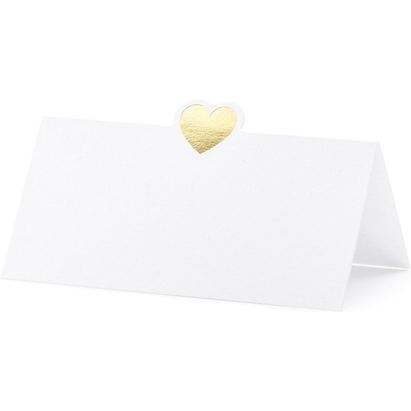 partydeco Papierdekoration, Tischkarten mit Herz 10x5cm blanko 10 Stück weiß / gold
