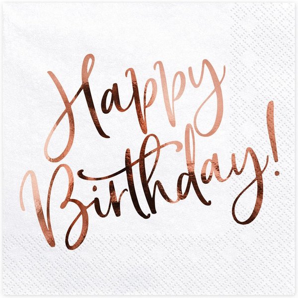 partydeco Papierserviette, Servietten Happy Birthday 33x33cm 20 Stück, weiß / rosegold