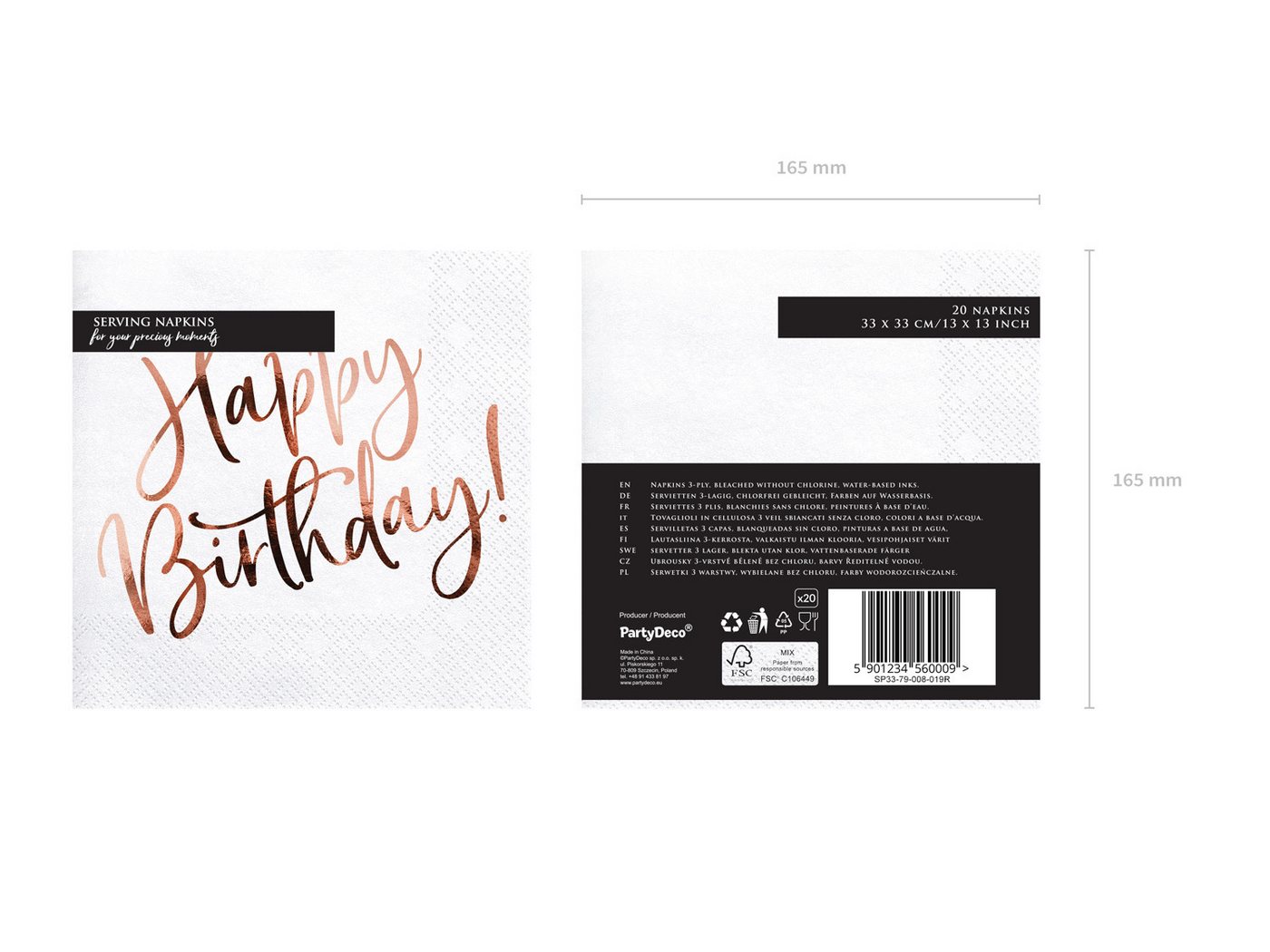 partydeco Papierserviette, Servietten Happy Birthday 33x33cm 20 Stück, weiß / rosegold – Bild 3 von 3
