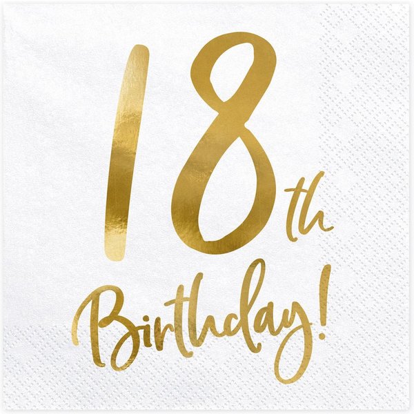 partydeco Papierserviette, Servietten 18. Geburtstag 33x33cm 20 Stück, weiß / gold
