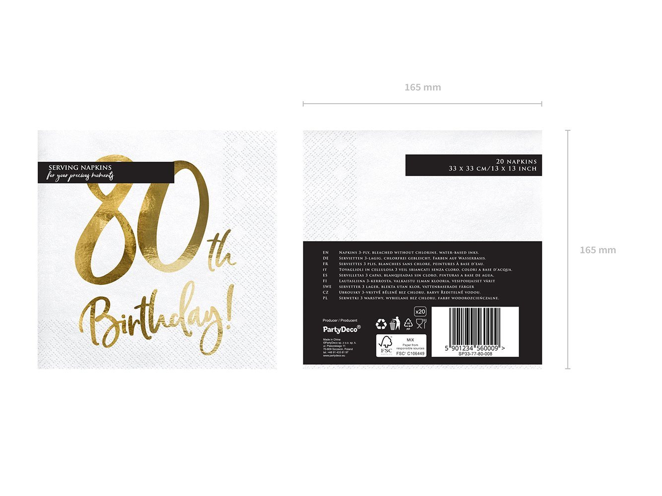 partydeco Papierserviette, Servietten 80.Geburtstag 33x33cm 20 Stück weiß gold – Bild 3 von 3