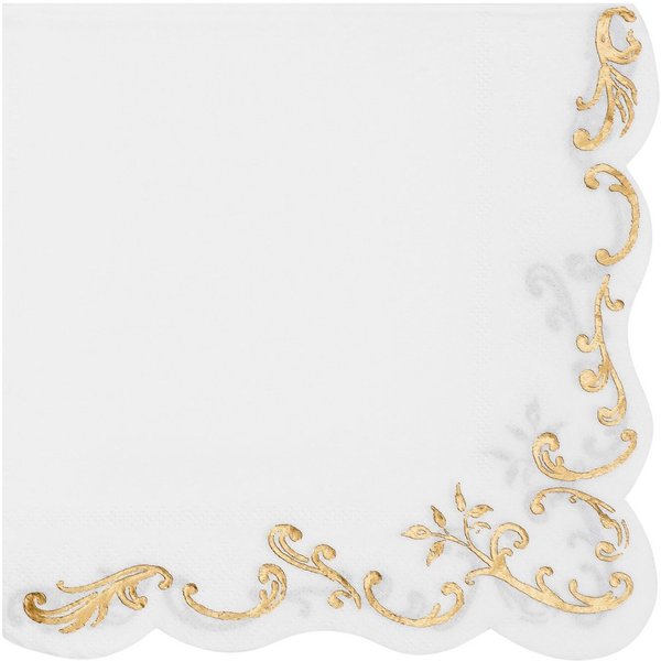 partydeco Papierserviette, Servietten Papier 33x33cm 3-lagig 12 Stück mit Gold Ornament Weiß