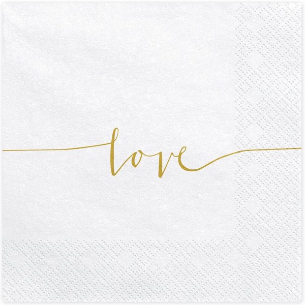 partydeco Papierserviette, Servietten Love 33x33cm 20 Stück, weiß / gold