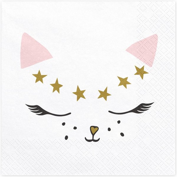 partydeco Papierserviette, Servietten Katze 33x33cm weiß / gold / rosa, 20 Stück