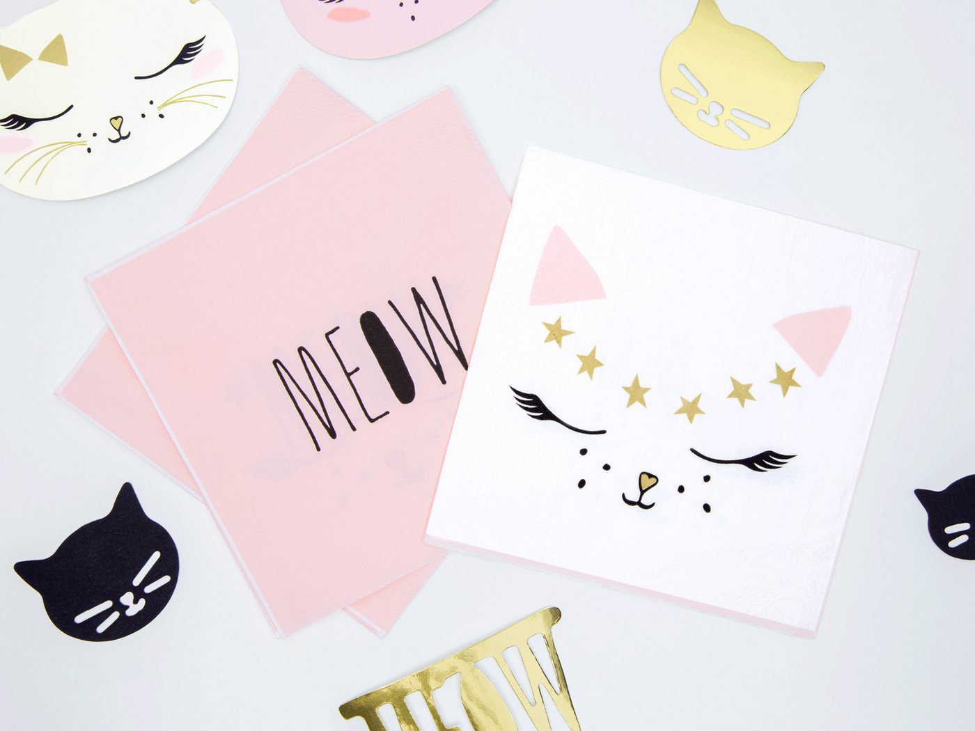 partydeco Papierserviette, Servietten Katze 33x33cm weiß / gold / rosa, 20 Stück – Bild 4 von 5