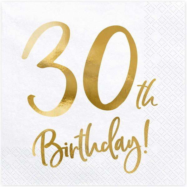 partydeco Papierserviette, Servietten 30. Geburtstag 33x33cm 20 Stück, weiß / gold
