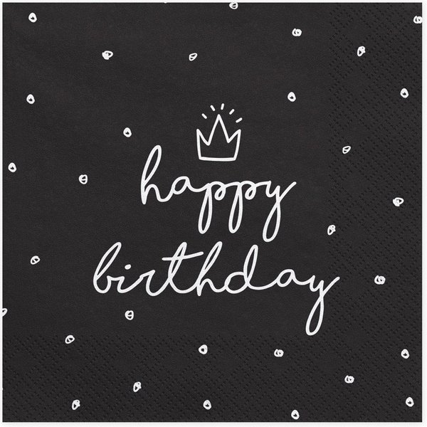 partydeco Papierserviette, Servietten Happy Birthday 33x33cm Krone / Punkte 20 Stück schwarz