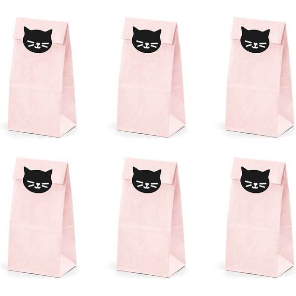 partydeco Papierspitztüten, Papiertüten mit Katzen Aufklebern 6er Set rosa schwarz