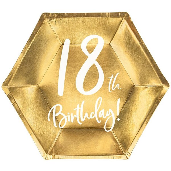 partydeco Pappteller, Pappteller 18th Birthday! 20cm gold 6er Set