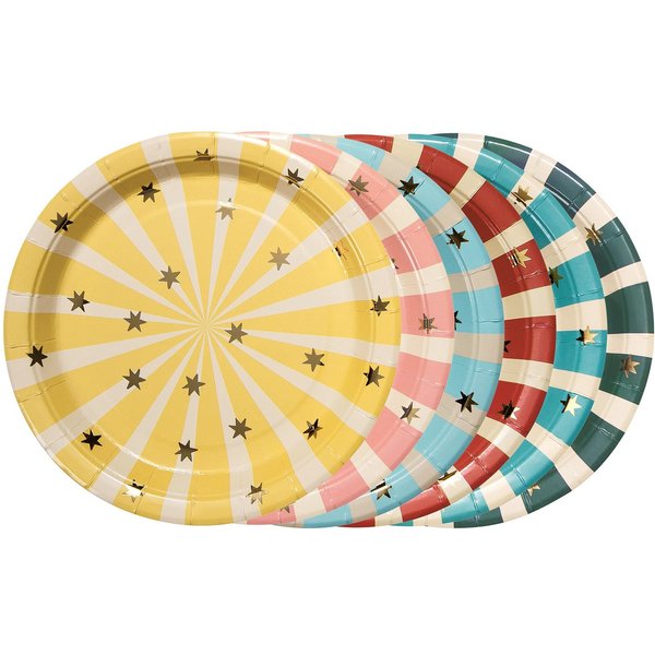 partydeco Teller, Pappteller 18cm mit Streifen und Sternen 6er Set Farbmix / Gold