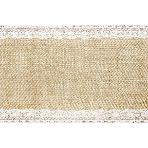 partydeco Tischläufer, Tischläufer Jute mit Spitze 28cm x 2.75m Rolle natur braun / weiß