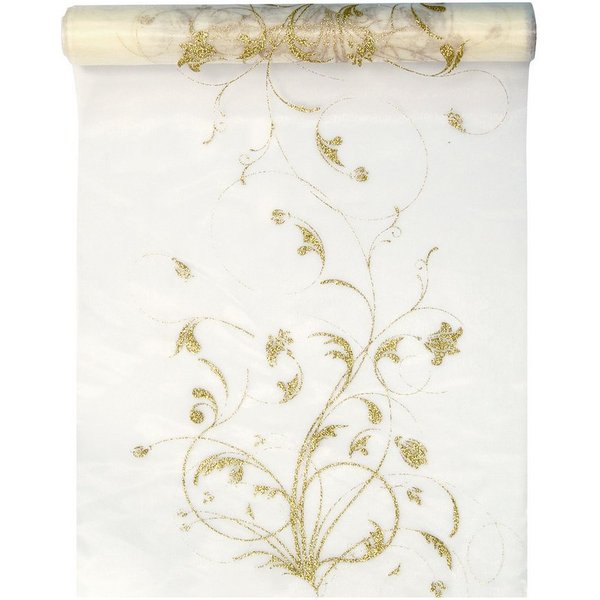 partydeco Tischläufer, Tischläufer Organza 9m x 36cm Blumenmuster, creme / gold