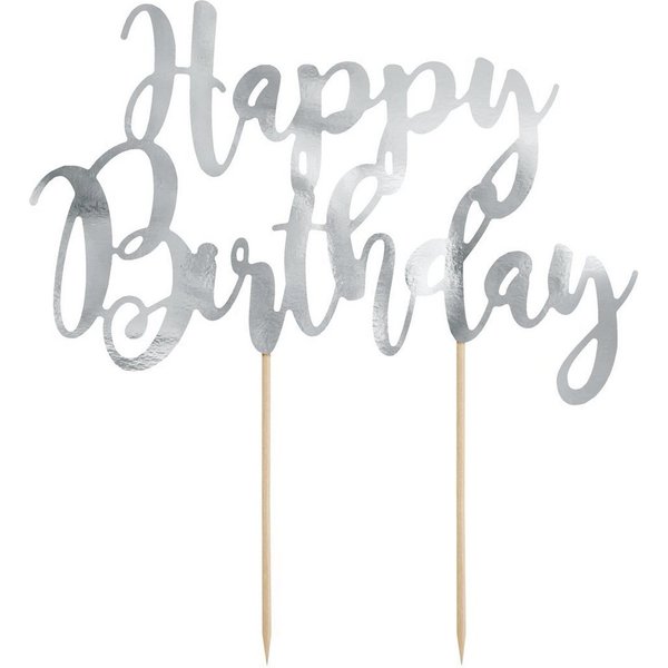 partydeco Tortenstecker, Cake Topper Happy Birthday 22.5cm, silber