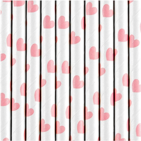 partydeco Trinkhalme, Papierstrohhalme mit Herzen 19cm weiß rosa 10er Set
