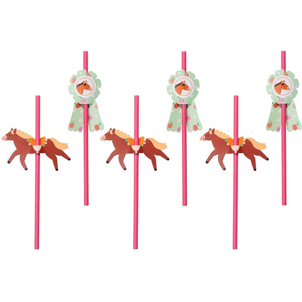 partydeco Trinkhalme, Papierstrohhalme 19cm mit Pferde Topper 6er Set Pink / Braun / Grün