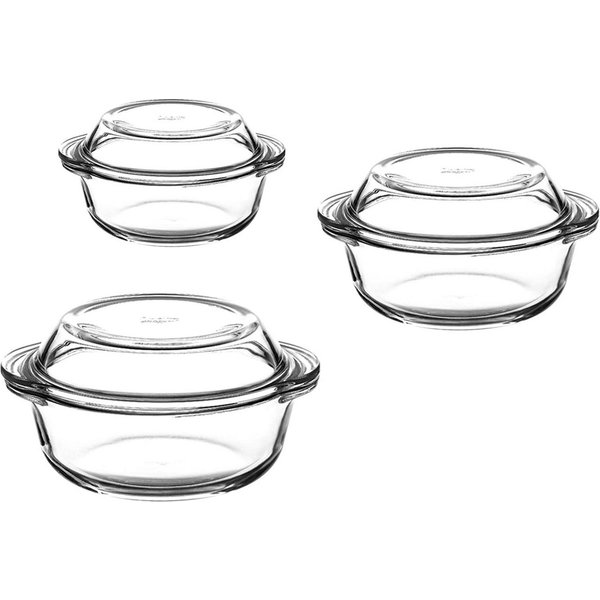 Pasabahce Auflaufform 6-teilig Borcam Kasserolle 3er Set Auflaufform rund mit Deckel, (6-St)