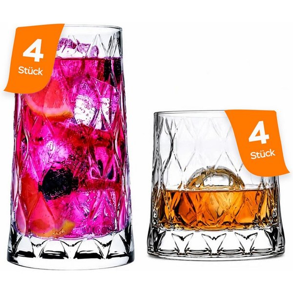 Pasabahce Gläser-Set Leafy Gläser Set – 4x Longdrinkgläser + 4x Whiskyglas, 4-tlg., Glas, 8-tlg. Set, zwei unterschiedliche Größen in einem Set