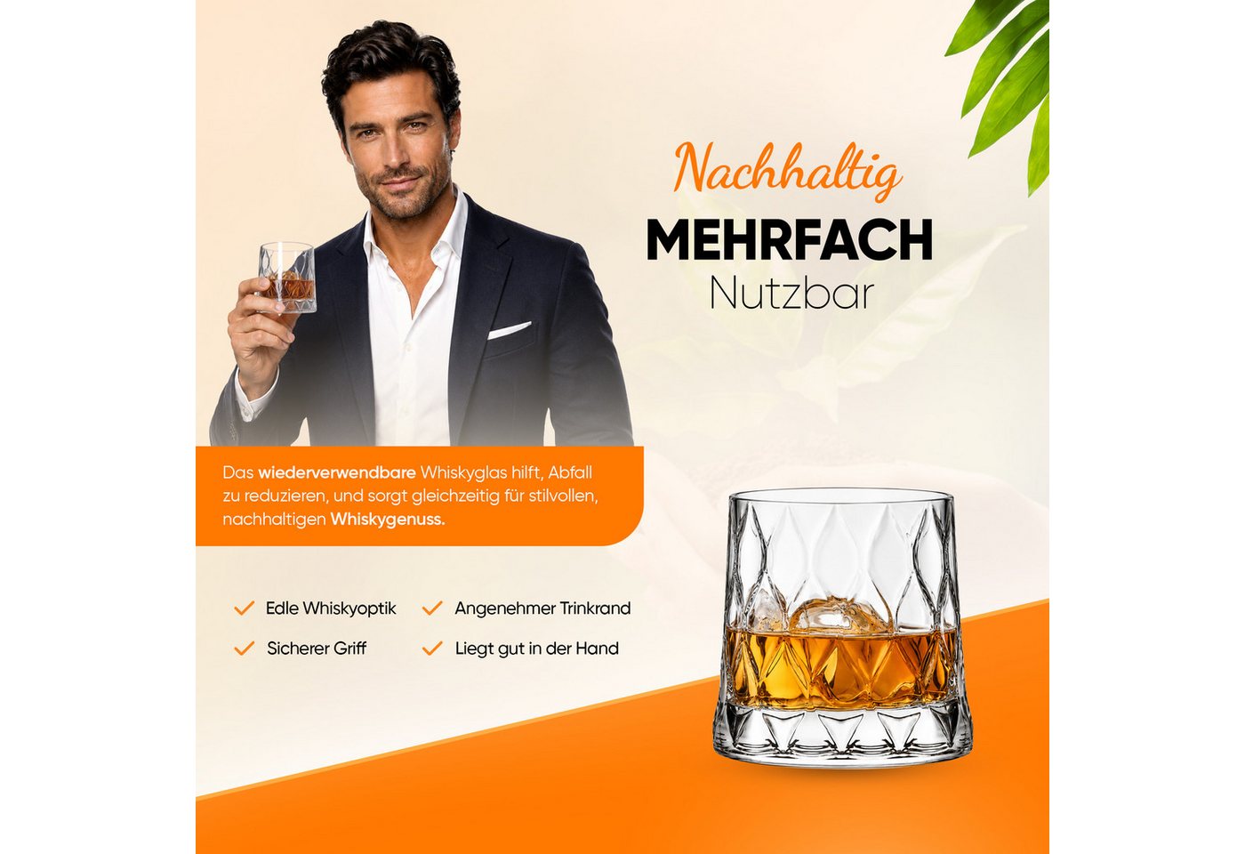 Pasabahce Gläser-Set Leafy Whiskeyglas, 4-tlg., Glas, ideal für Whisky, Bourbon & Cocktails, 300ml, 4er Set – Bild 3 von 5