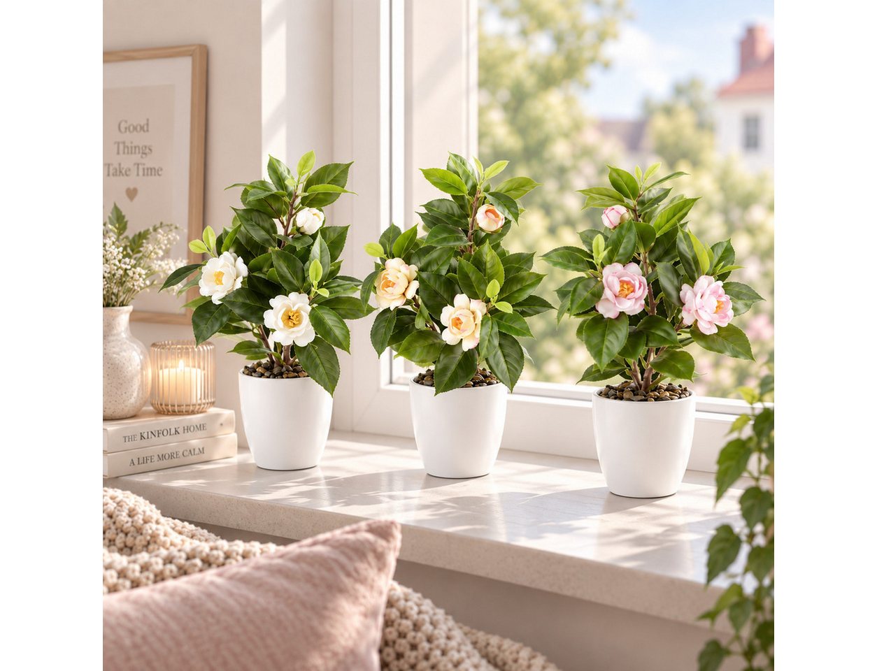 Kunstblume Kunstblumen im Topf, Künstliche Blumen wie echt, Deko Blumen Geranie, Kamelie, Orchidee, Azalee, Veilchen, PASCH, Hochwertiger Keramiktopf – Bild 2 von 5