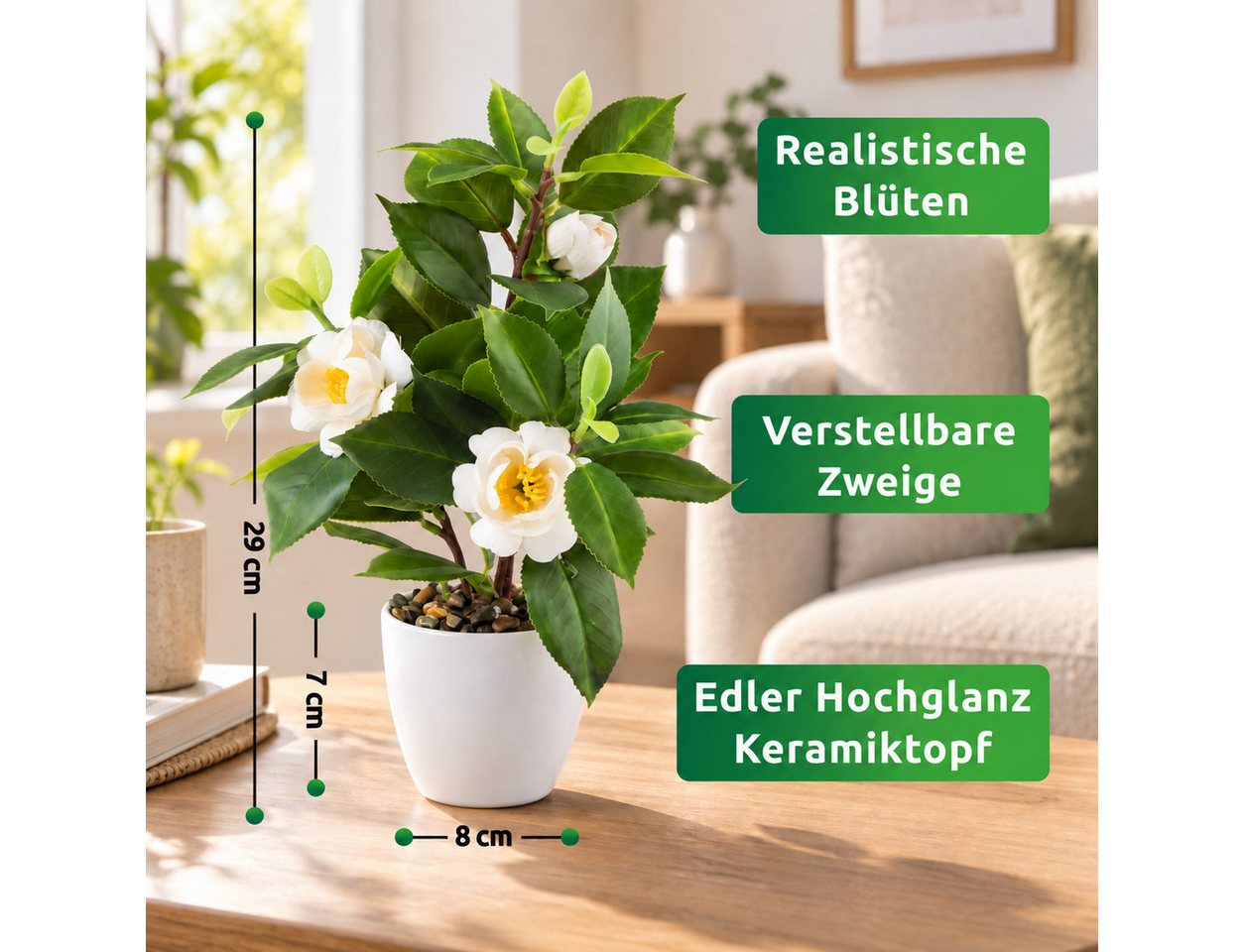 Kunstblume Kunstblumen im Topf, Künstliche Blumen wie echt, Deko Blumen Geranie, Kamelie, Orchidee, Azalee, Veilchen, PASCH, Hochwertiger Keramiktopf – Bild 3 von 5