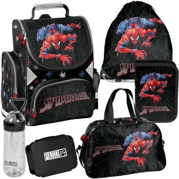 PASO Schulrucksack Mega-Set Spider-Man Schulset 6-tlg. (Schulranzen + Turnbeutel + Federmäppchen + Lunchbox + Trinkflasche + Sporttasche, 6-tlg)