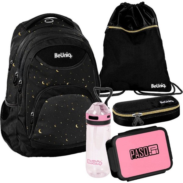 PASO Schulrucksack (Schulset, 5-tlg), BeUniq Mega Set 5-teilig – Schwarz, Gold